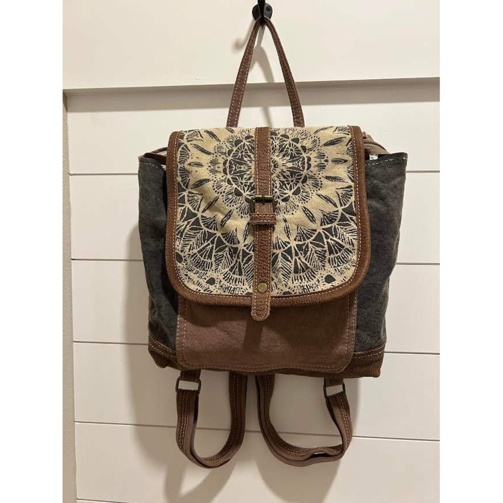 Myra Bag Canvas and Leather Mandala Print Small Backpack Brown Gray Boho Bag